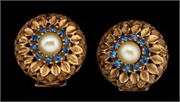 PAIR VINTAGE 14K GOLD PEARL AND SAPPHIRE EARRINGS