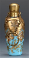 A VICTORIAN ENAMELED ART GLASS CHATELAINE BOTTLE