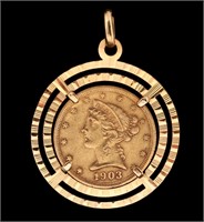 A 1903 LIBERTY HALF EAGLE $5 GOLD COIN PENDANT