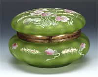 A VICTORIAN SATIN GLASS DRESSER BOX WITH ENAMELS