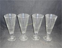 4 Footed Pilsner Glasses W/ Ship Etching Nautical