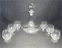 Decanter & 6 Brandy Glasses W/ Ship Etching