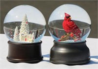 2 Music Box Snow Globes w Red Cardinal Birds
