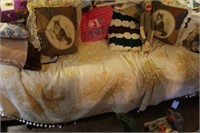 8' VINTAGE SOFA WITH PILLOWS, BLANKETS, ETC.