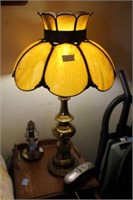 PAIR BRASS TABLE LAMPS WITH STAINED GLASS SHADES