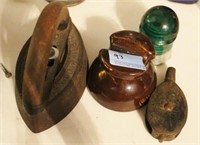 VINTAGE PULLEY, ENTERPRISE SAD IRON AND 2