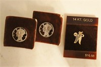 2 MERCURY DIME CUT OUT PINS AND 14K GOLD CHARM