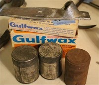 GROUPING: CANNING LIDS, SNUFF CANS, GULF WAX AND