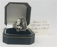 mans sterling silver vulture + skull ring