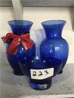 Set Of Blue Glass Flower Vases and Bowl