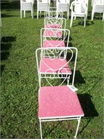 Set of Four White Iron Chairs W/Pink Seats