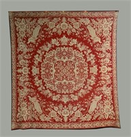 RED & WHITE "BIRD OF PARADISE" COVERLET, DATED