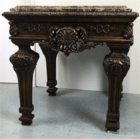 Ornately Carved Wood and Marble End Table