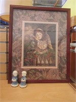 Framed Angel Picture w/ 2 Small Ceramic Angels