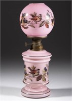 VICTORIAN DECORATED MINIATURE LAMP, cased pink