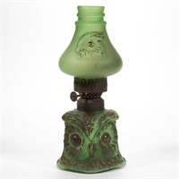 OWL HEAD FIGURAL MINIATURE OIL LAMP, green with