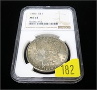 1886 Morgan dollar, NGC slab certified MS-62