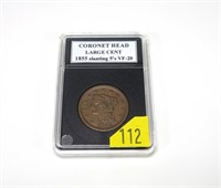 1855 U.S. large cent, slanting 5, VF-20