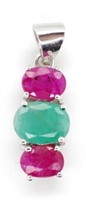 Emerald, ruby and sterling silver pendant.