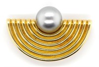 18ct yellow gold and Tahitian pearl brooch