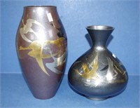 Two Japanese crane decorated metal vases