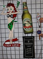 2 Metal Signs, Guinness Bar Towel, Strohs Beer Tap