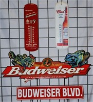 4 Budweiser Pieces, Tin Signs, Thermometers
