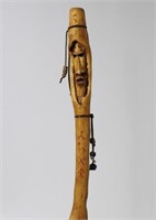 WOODEN WALKING STICK WITH CARVED FIGURE & SYMBOLS