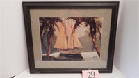 FRAMED MATTED PRINT TROPICAL BOAT SCENE 19X22