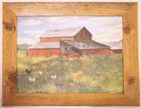 Original Oil Painting of Old Red Barn 'n' Chickens