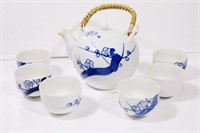 Blue & White Porcelain Teapot & 6 Cups