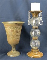 Glass / Metal Candlestick, & Embossed Metal Vase