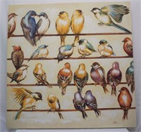 Signed Gleeful Gathering Birds on a Wire Painting