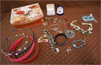 Lot of Costume Jewelry w/Jewelry Box & Headbands