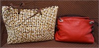 Lot of 2 Bags Brown White Woven Tote Red Purse