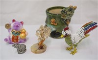 Figurines Lot-Beaded Rooster, Cat, Dragon Cup,Tree