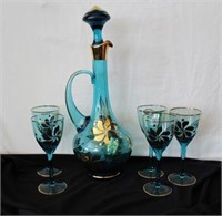 Wine Set, light blue w/gold floral decorations