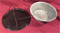 Vintage splatter lid and enamel ware colander