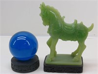 Faux Jade Oriental Horse & Blue Glass Ball with..
