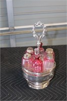 Condiment set with pink tinted glass one cruet