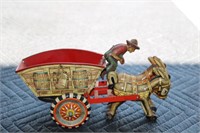 Tin toy donkeys pulling cart marked oats (Working