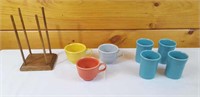 7 Fiesta Mugs and Wood Stand