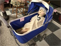 OLD DOLL BUGGY & OLD 28" COMPOSITE DOLL