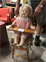 OLD DOLL HIGH CHAIR & OLD 26" COMPOSITE DOLL