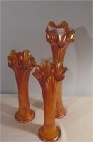 3 Carnival Glass Marigold Reeded Vase (1) 15" &