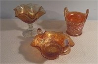 3 Pieces Carnival Glass Marigold Basket 5" &