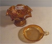 2 Carnival Glass Pieces Marigold Crimped Compote