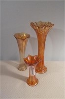 3 Carnival Glass Vase Marigold 11", 8.5",6"H