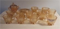 14 Pieces Carnival Glass Marigold "Lilly 9 Punch