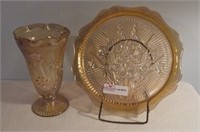 2 Pieces Carnival Glass, Center Bowls,  Vase